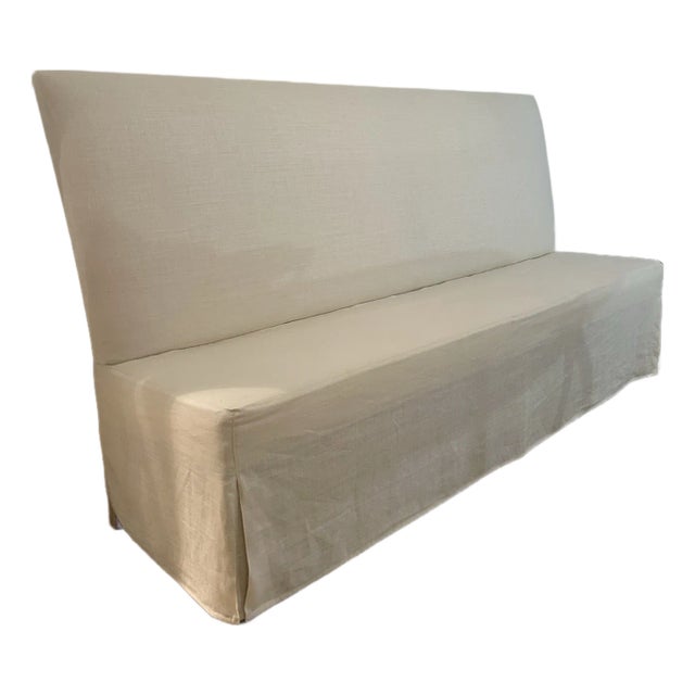 Cream Linen and Blond Wood 7-Foot-Long Bench For Sale