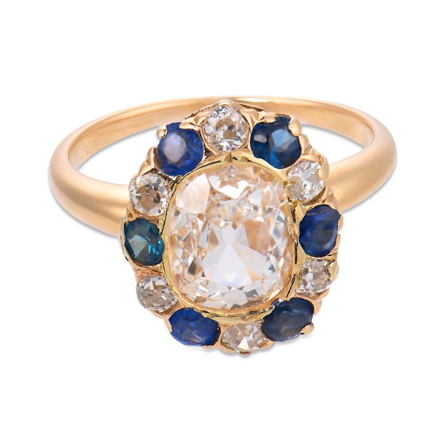 Victorian 19th Century Victorian Gia 1.15 Carat Old Mine Cut Diamond Sapphire 14k Gold Cluster Ring, Size 5 For Sale - Image 3 of 8