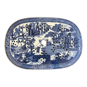Antique Early 19th Century English Staffordshire Pearlware Blue & White Transfer Ware Mazarin Strainer for a Platter With Chinese Decoration