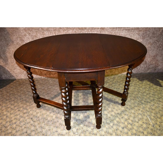 Antique Oak Tavern Style Drop Leaf Dining Table W/Barley Twist Legs