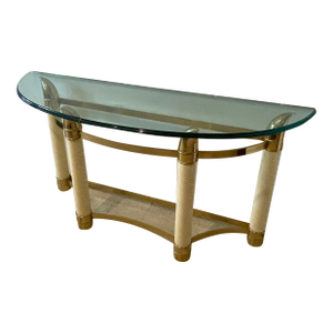 1970s Italian Brass /Glass Console Table W/ With Faux Rope & Tusk Detail Attributed to Renato Zevi