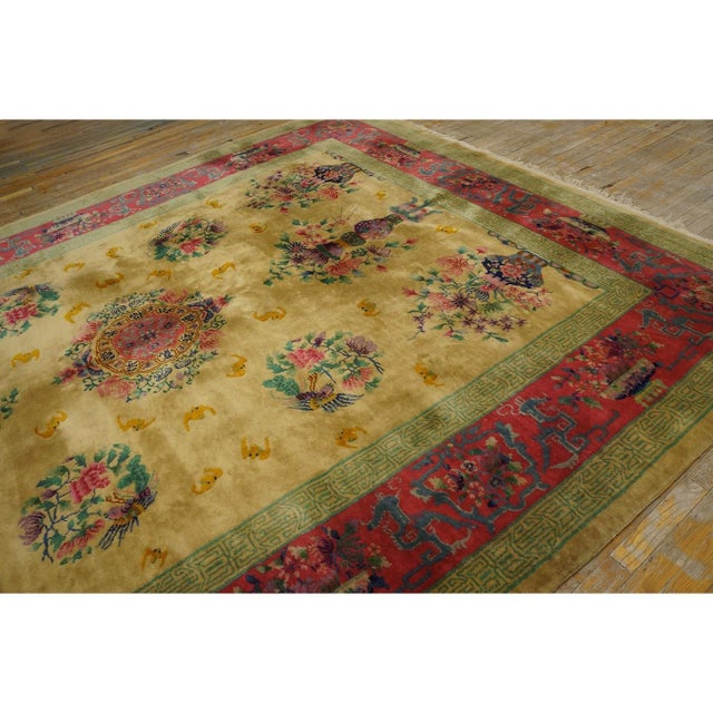 1920s Soft Yellow Field Antique Vase Floral Shou Symbols Chinese Art Deco Rug For Sale - Image 10 of 11