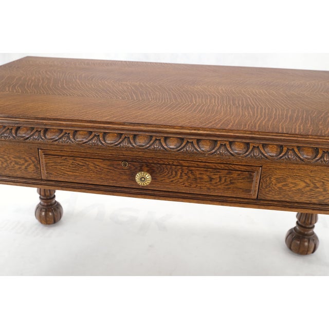 Wood Heavy Fluted Carved Oak Legs 1 Drawer Arts & Crafts Desk Writing Table Clean! For Sale - Image 7 of 17