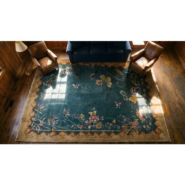 1920s Green Floral Modernist Chinese Art Deco Carpet 8'10" X 11'5" Knotted Wool Rug For Sale - Image 14 of 16