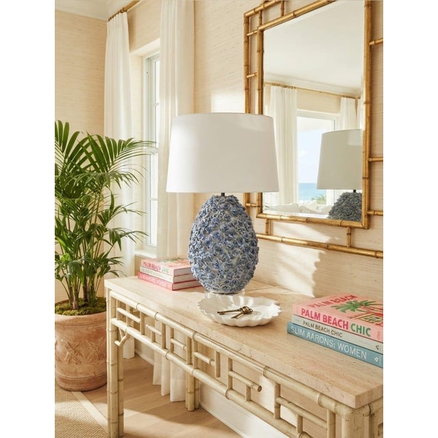 Vintage Hand-Crafted Blue Floral Encrusted Ceramic Table Lamp on Lucite Base For Sale - Image 9 of 12