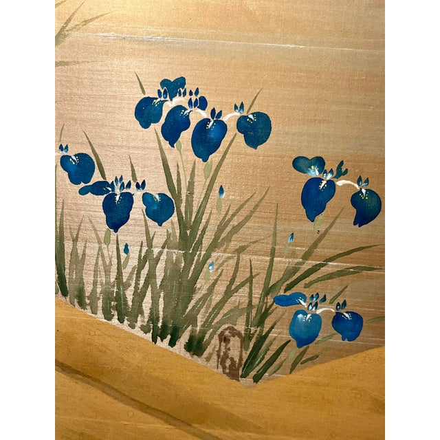 Japanese Vintage Japanese Four-Panel Byōbu Hand-Painted Folding Silk Screen Irises Motif 66" X 36" For Sale - Image 3 of 11