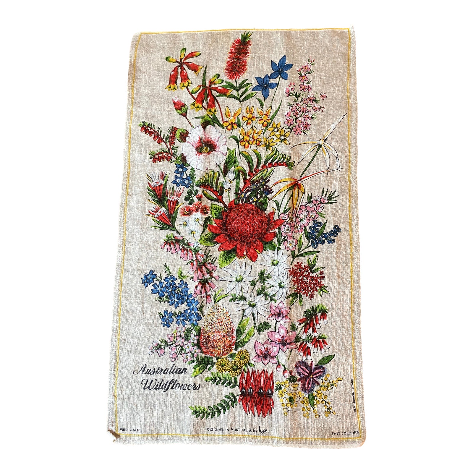 Vintage Australian Wildflowers Linen Tea Towel Wall Designed by Heil