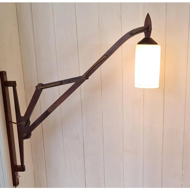 Mid-Century Danish Extendable Teak Wall Lamp with Swivel Arm and White Patterned Glass Shade, 1960s For Sale - Image 4 of 11