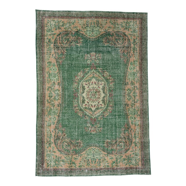 1960s Mid-Century Modern Green Wool Oushak Rug For Sale
