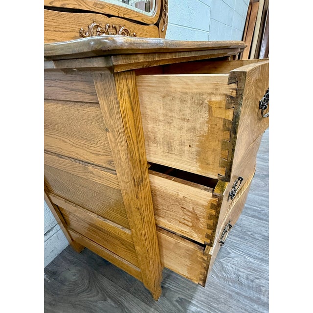 Antique Victorian Tiger Oak Serpentine Dresser With Beveled Mirror For Sale - Image 11 of 17