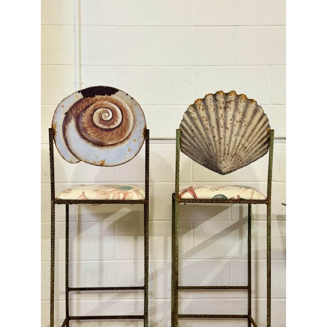 Verdigris Vintage Artisan Sculptural Twisted Wrought Iron Verdigris Shell Bar Stools For Sale - Image 8 of 10