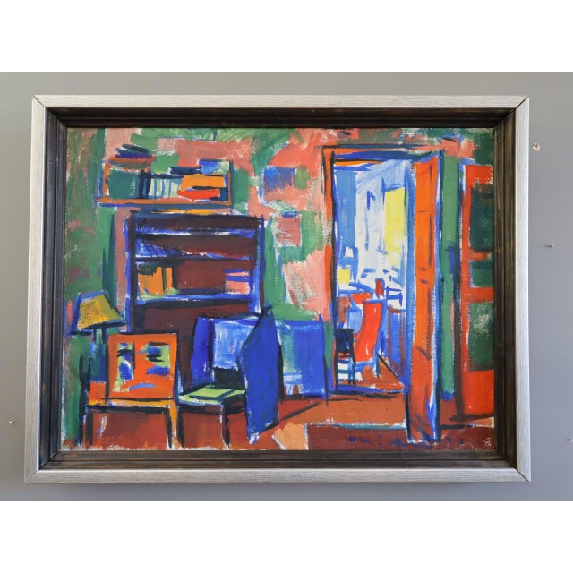 VIBRANT INTERIOR Size: 21.5 x 27.8 inches (including frame) Oil on canvas A lively mid-century interior scene painting...