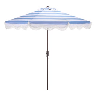 Lucerna 9 Ft Crank Umbrella, Baby Blue Stripe/Brown Pole For Sale