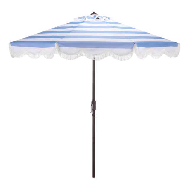 Lucerna 9 Ft Crank Umbrella, Baby Blue Stripe/Brown Pole For Sale