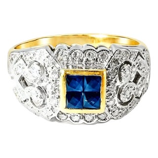 Late 19th Century 14K Yellow Gold Sapphire Diamond Filigree Cluster Band Ring, Size 7.5 For Sale