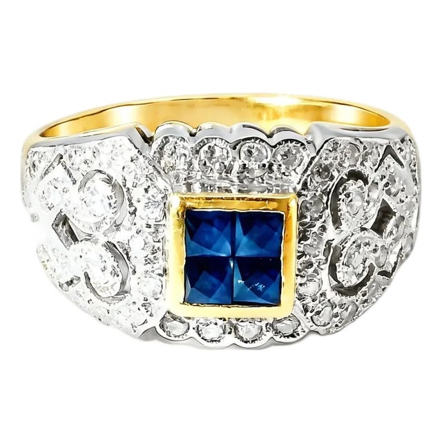 Late 19th Century 14K Yellow Gold Sapphire Diamond Filigree Cluster Band Ring, Size 7.5 For Sale