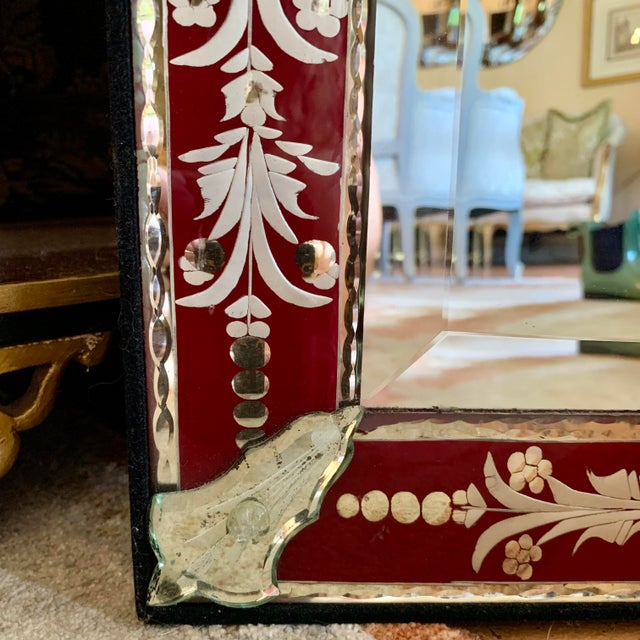 Red Small Venetian Red to Clear Glass Mirror With Engraved Designs For Sale - Image 8 of 11