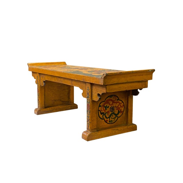 Chinoiserie Chinese Distressed Yellow People Graphic Rectangular Stand Display For Sale - Image 3 of 5