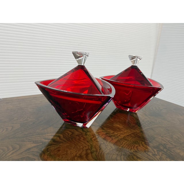 Glass Bohemia Crystal Lidded Geometric Bowls, Pair For Sale - Image 7 of 12