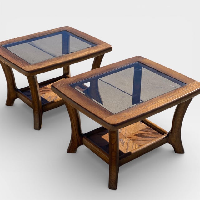 Pair of Late Mid-Century Oak Side Tables With Smoked Glass Tops, Mid-Century Modern, 1970s For Sale - Image 4 of 18