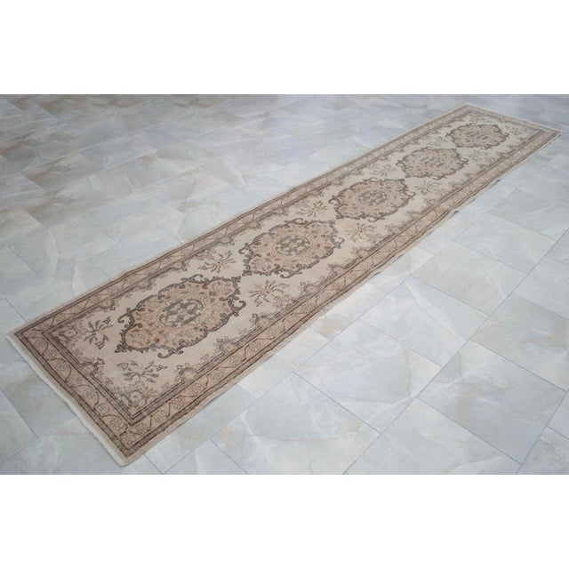 Hand-Knotted Earth Tones Turkish Runner Rug Faded Colors Low Pile Hallway Decor - 2'9″x 12'7″ For Sale - Image 4 of 10