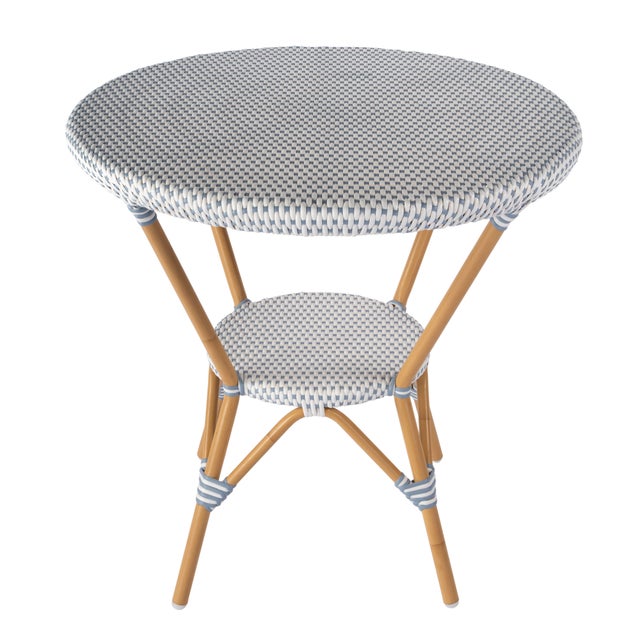 Spritely Home Accent Furniture Tobias 30 in. W Outdoor Round Rattan and Metal Bistro Table, Blue/White Dot / Natural Rattan Frame For Sale - Image 4 of 9