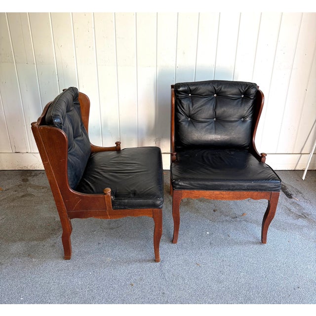 Wood Midcentury Black Leather/Wood Tufted Side Chairs - Pair For Sale - Image 7 of 10