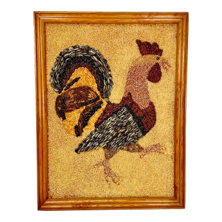 1950s Vintage Boho Chic Americana Folk Art Framed Rooster Seed Collage For Sale