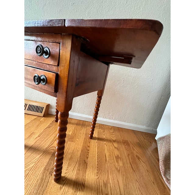 Antique English Hand-Constructed Cherry Drop Leaf Side/Work Table With Bobbin Legs For Sale - Image 9 of 15