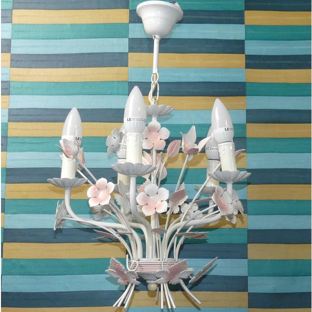 Vintage French Five Candle Chandelier with Pink Flowers by Massive, 1970s For Sale - Image 6 of 11