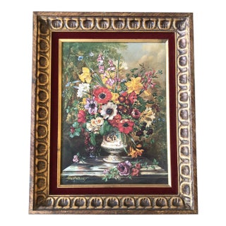 Original Vintage Floral Still Life Print Vintage Original Frame Red Velvet Liner For Sale