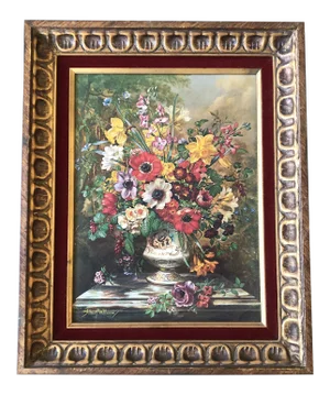 Original Vintage Floral Still Life Print Vintage Original Frame Red Velvet Liner