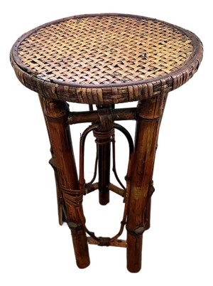Vintage-Style Burnt Bamboo and Rattan Plant Stand -Accent Drink Side Table