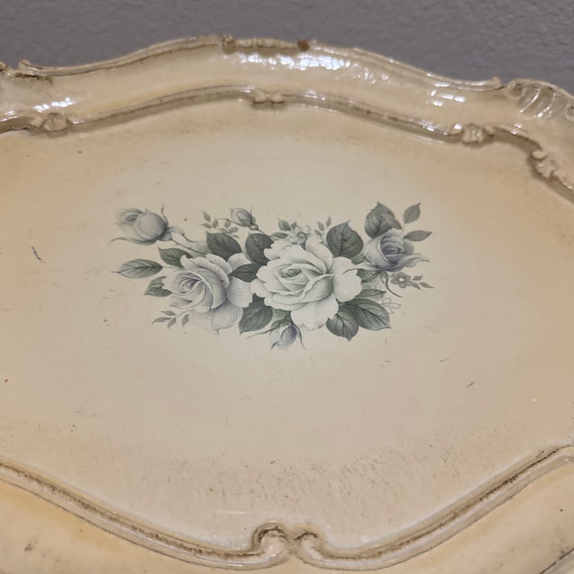 Italian Vintage Italian Florentine Wood Serving Tray - Hand-Painted Roses & Scalloped Gilt Edge For Sale - Image 3 of 7