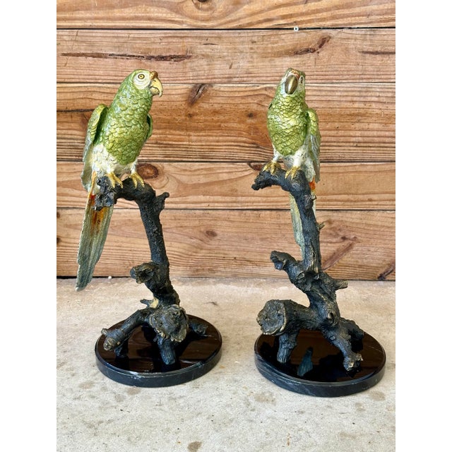 Late 20th Century Coastal Tropical Bronze Hand Painted Parrot Statues on Marble Bases-Pair For Sale - Image 4 of 12