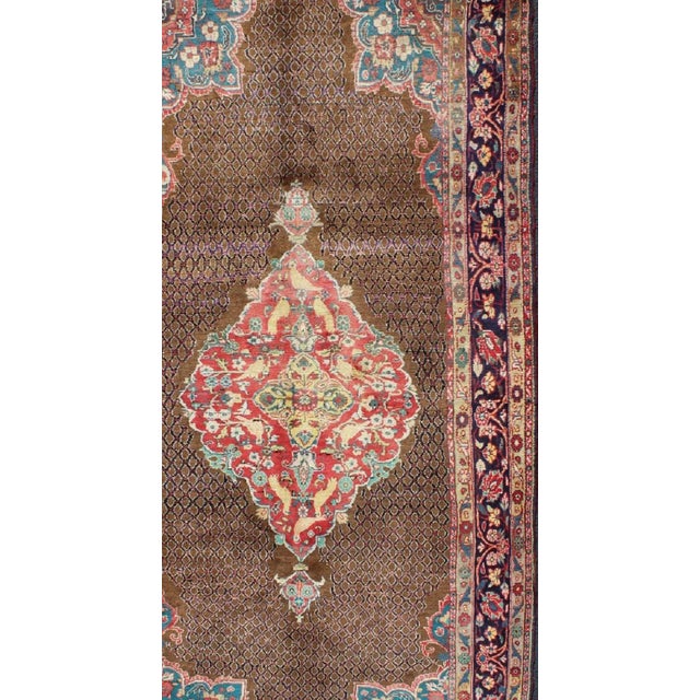 Camel Hair Vintage Persian Serab Rug in Brown, Red, Turquoise and Dark Blue For Sale - Image 4 of 13