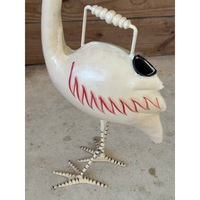 Coastal Whimsical Metal Hand Painted Flamingo Watering Can For Sale - Image 4 of 10