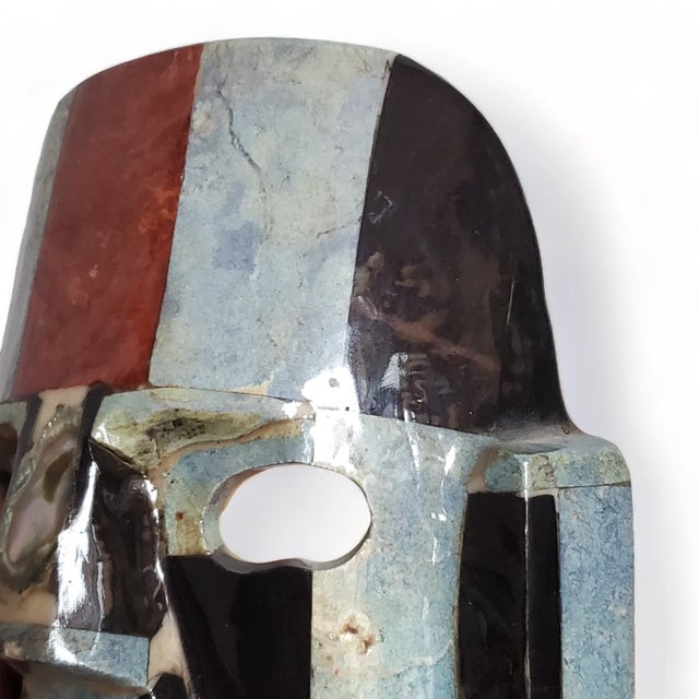 Aztec Mayan Onyx Abalone Semi Precious Stone Mosaic Burial Face Mask 6" Statue For Sale - Image 10 of 10