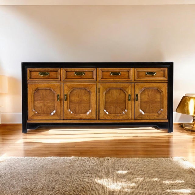 1980s Thomasville Embassy Wood Inlay Chinoiserie Inspired Brass Accent Credenza For Sale - Image 5 of 18