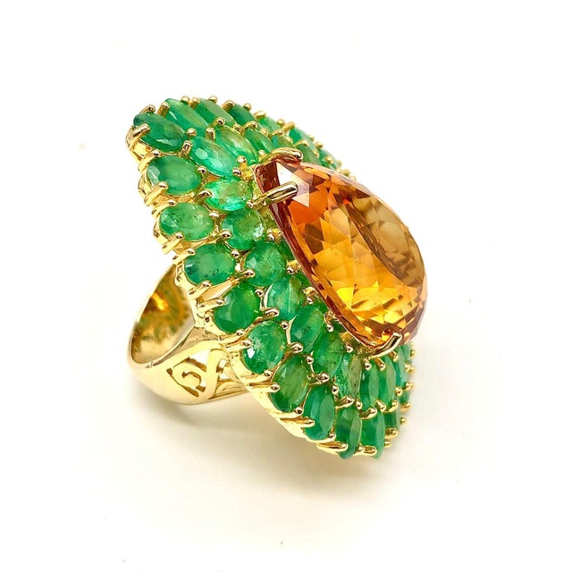 Bochic “Orient” Vintage Emerald & Honey Citrine Ring Set In 18K Gold & Silver For Sale - Image 14 of 18