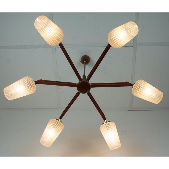 Mid-Century Sputnik 8-Light Chandelier in Teak, Brass, and Glass, 1960s For Sale - Image 14 of 15