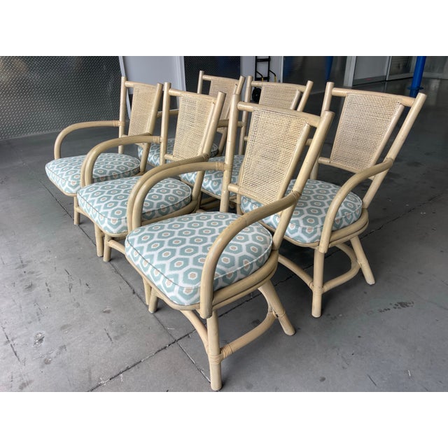 Vintage Organic Modern Rattan Swivel Dining Chairs With Arms and Cane Backs – Set of 6 For Sale - Image 4 of 17