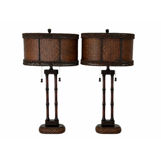 Bamboo Style Lamps With Oval, Wovan Shades For Sale - Image 4 of 4