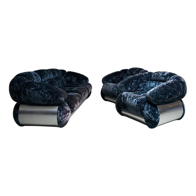 Seating Group in Blue Velvet from Piazzesi, 1960s, Set of 3 For Sale