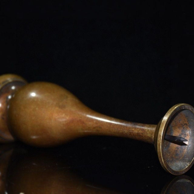 Copper Vintage Pair Solid Copper Tall Candlesticks, Elegant Pear Shape Stemmed Candle Holders, Chinoiserie Matching Altar Set For Sale - Image 8 of 9