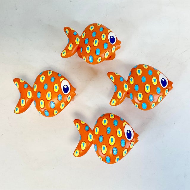 Orange Mid-Century Boho Chic Coastal Palm Beach Chic Fish Napkin Rings - Set of 4. For Sale - Image 8 of 8