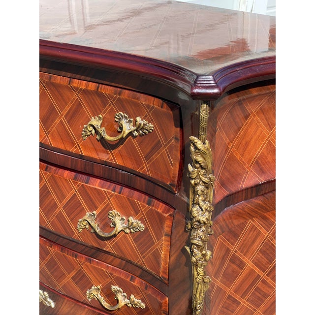 Wood Vintage French Louis Inlaid and Gilt Bombe Commode For Sale - Image 7 of 11