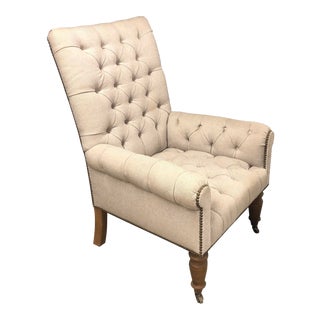 Traditional Linen Club Chair With Diamond Tufting For Sale