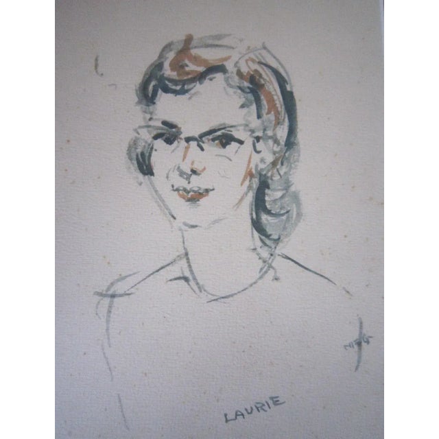 1960s "Laurie" Watercolor and Ink Portrait Painting, Framed For Sale - Image 6 of 7