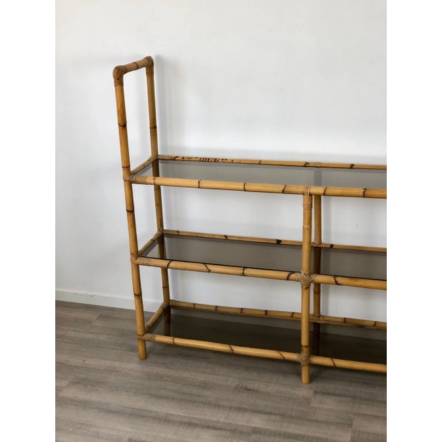 1960s Bamboo Rattan & Smoked Glass Console Bookcase, Italy, 1960s For Sale - Image 5 of 13